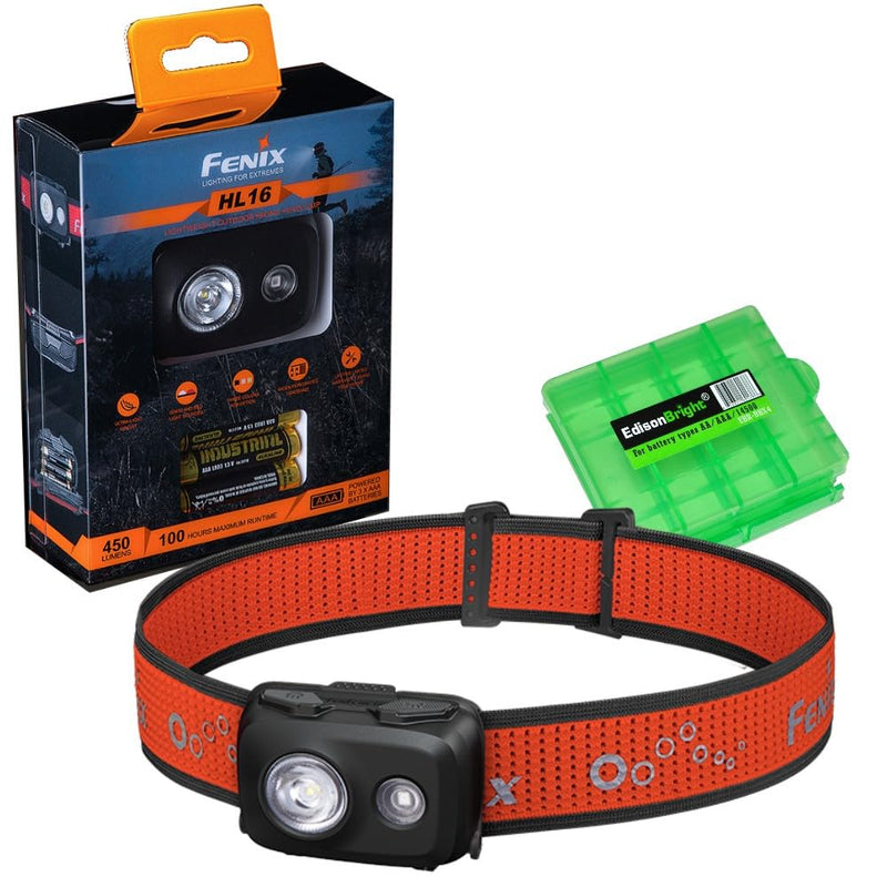 EdisonBright Fenix HL16 450 Lumen Light Weight AAA Battery powerd Hiking/Camping/Jogging headlamp Battery Carrying case (Black) Black