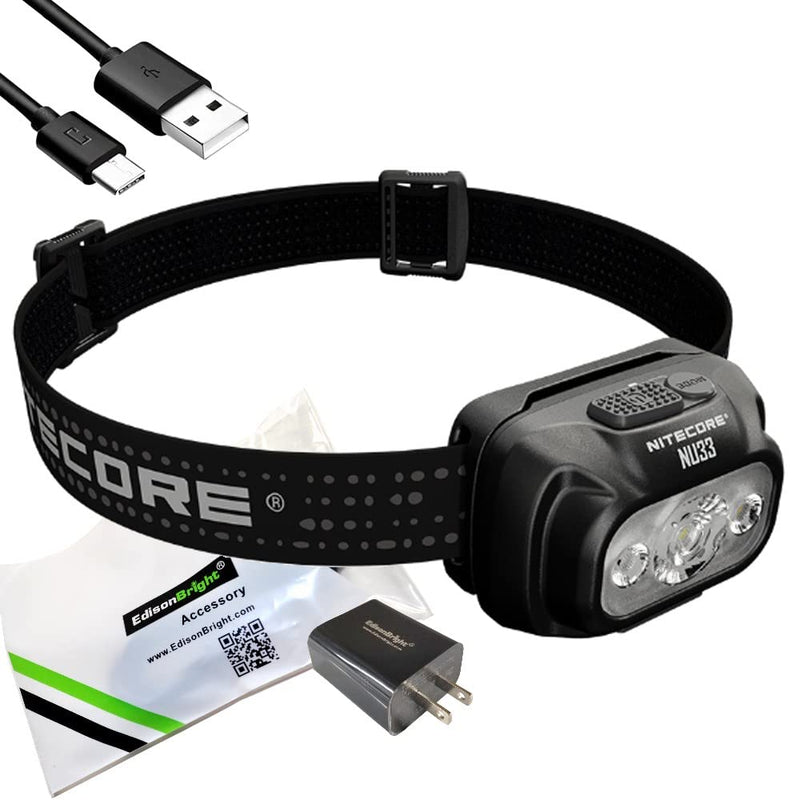 EdisonBright Nitecore NU33 700 Lumen LED Rechargeable White and red Beams headlamp Charging Adapter Bundle