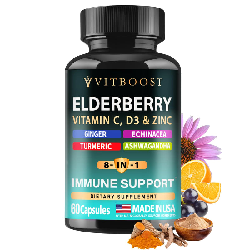 Elderberry Immune Support Supplement 8-in-1 Formula with Echinacea, Vitamin C & Zinc, Vitamin D 5000 IU, Turmeric, Ginger, Ashwagandha – 60 Capsules 60 Capsules (Pack of 1)