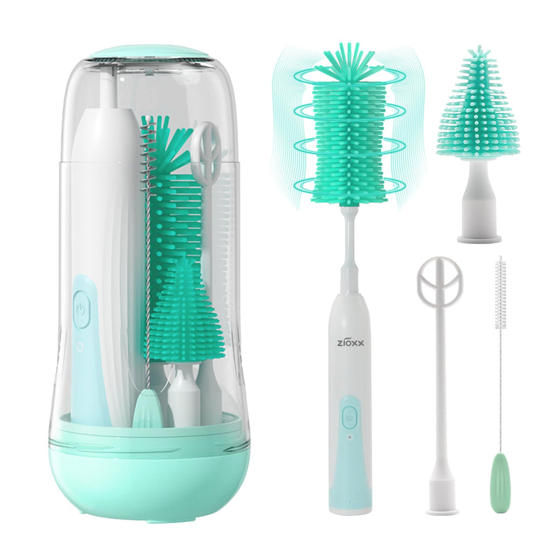 Electric Bottle Brush Cleaner, Portable Electric Baby Bottle Brush Cleaner for Travel, Rechargable Travel Bottle Cleaner Kit with Nipple & Straw Brush, Perfect Mom Essentials After Birth Gift, Green Round Model for Home Use - BeesActive Australia