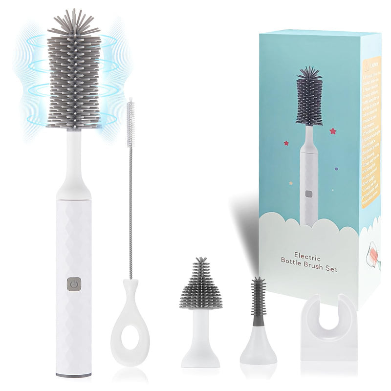 Electric Bottle Brush, 4 Piece Bottle Brush Set with Baby Bottle Brush Cleaner, Nipple Brush, Pacifier Cleaner, Straw Cleaner Brush, Gifts for Newborns and Mothers, White - BeesActive Australia