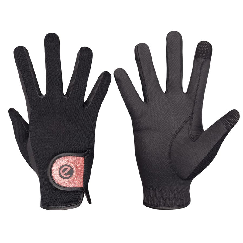 eGlove - eQUEST GripPro X-LITE Horse Riding Gloves - Lightweight, Breathable, Grippy Non-Slip Material - Comfort Mesh Back - Touchscreen Gloves Large Black - Rose Gold Glitter Cuff - BeesActive Australia