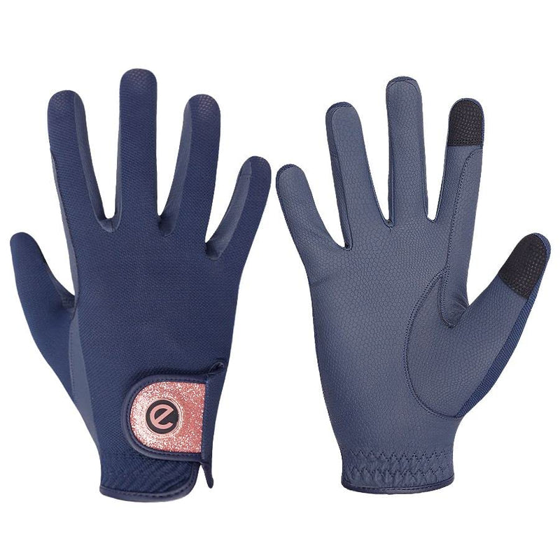 eGlove - eQUEST GripPro X-LITE Horse Riding Gloves - Lightweight, Breathable, Grippy Non-Slip Material - Comfort Mesh Back - Touchscreen Gloves Medium Blue - Rose Gold Glitter Cuff - BeesActive Australia