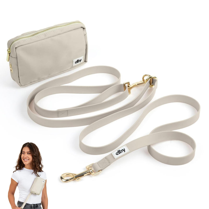 elby - Hands Free Dog Leash with Dog Treat Pouch - Cross Body and Waist Leash - Dog Training Leash with Fanny Pack - Dog Walking Accessories and Walking Essentials - Leash for Medium and Large Dogs Regular Beige - BeesActive Australia
