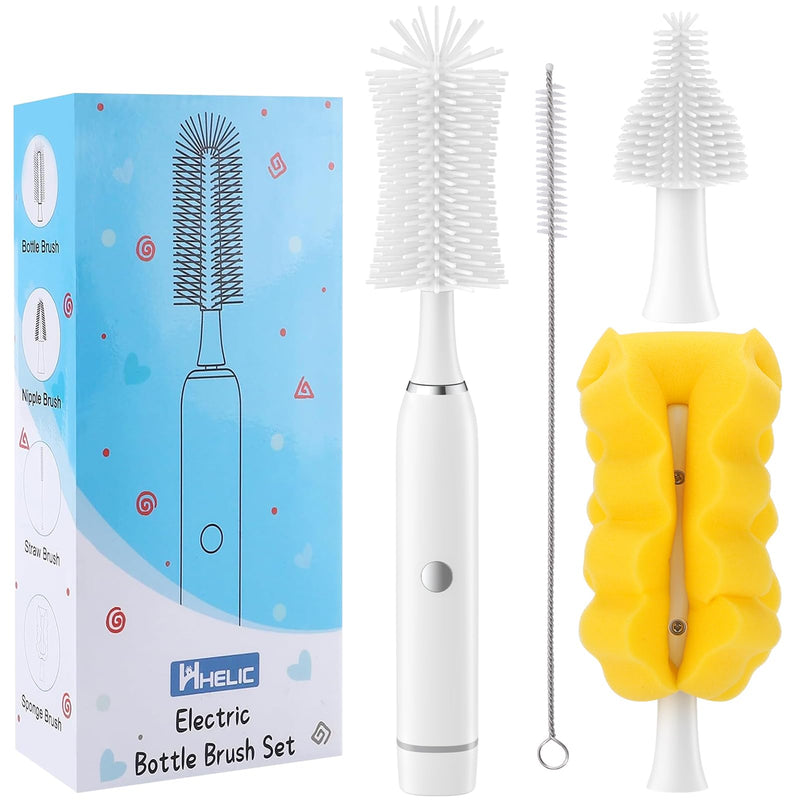 Electric Baby Bottle Brush Set with Rechargeable Electric Bottle Brush Cleaner and Silicone Bottle Brushes and Straw Brush Cleaner,Waterproof Travel Bottle Brush,Magnetic Suction Charging 1800mAh White - BeesActive Australia