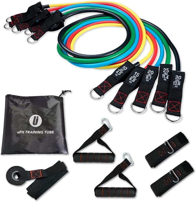 uFit Training Tube, Former Professional Table Tennis Player Hayai Mizutani, Set of 5 Different Strength, Strength Training, Fitness Tube, Rubber Band, Exercise Band, Door Anchor Included, Storage Bag - BeesActive Australia