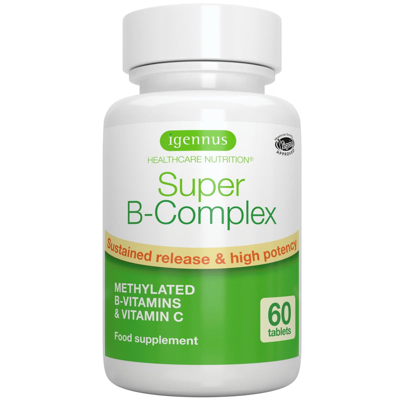 Super B-Complex - High Absorption Methylated B Vitamins, Clean Label, Sustained Release - Complete Spectrum of B Vitamins with Folate, Boosted B12 & Vitamin C, 60 Tablets, by Igennus 60 count (Pack of 1) - BeesActive Australia