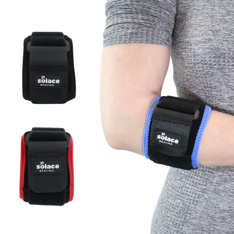 Solace Bracing Antibacterial Tennis Elbow Support (3 Colours) - British Made & NHS Supplied Tennis Elbow Brace w/Compression Strap - #1 for Tennis & Golfer's Elbow Tendonitis - Black/Blue Trim - S Small Black / Blue Trim - BeesActive Australia