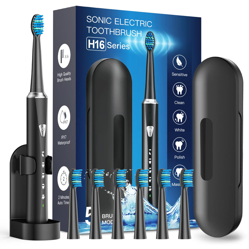 Electric Toothbrush Rechargeable Sonic Toothbrushes for Adults with 5 Brushing Modes and 6 Tooth Brush Replacement Head, 120 Days of Use with 3-Hour Fast Charge, Smart Timer and Deep Cleaning Black - BeesActive Australia
