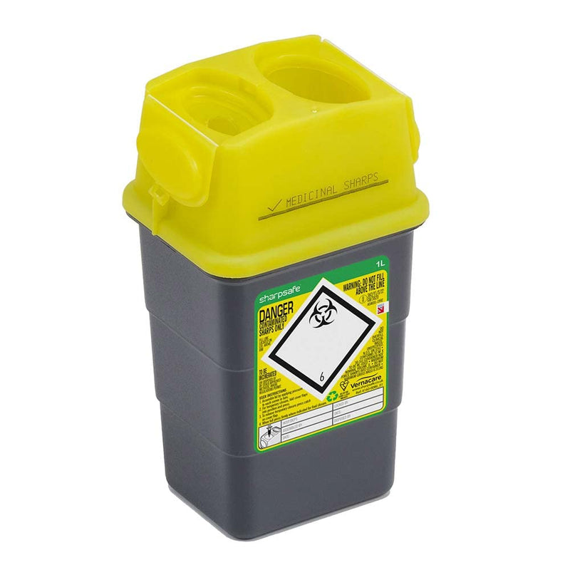 Sharpsafe 1 Litre 5th Generation Yellow /Grey Sharps Bin Clinical Waste Disposal BeesActive