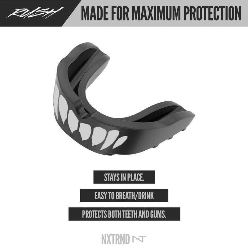 2 Pack Nxtrnd Rush Mouth Guard Sports, Professional Mouthguards for Boxing, Jiu Jitsu, MMA, Wrestling, Football, Lacrosse, and All Sports, Fits Adults, Youth, and Kids 11+ (B&W Fang) Black & White Fangs - BeesActive Australia