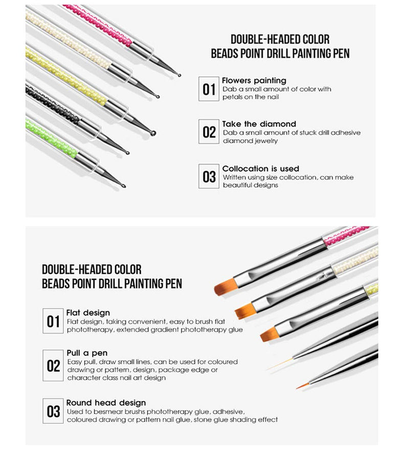 GBSTORE 5 Pcs Nail Art Point Drill Drawing Brush Pen,Manicure Care Tool Double Ended Dotting Tools Set,Nail Art Liner Brush Acrylic UV Gel 3D Glitter Liner Nail Polish Pen(Multicolor) - BeesActive Australia