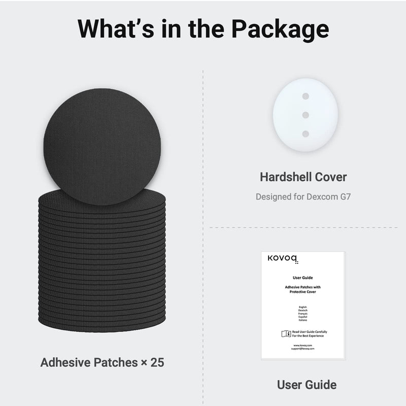 KOVOQ Dexcom G7 Adhesive Patches, 25 Waterproof Adhesive Patches + 1 Reusable Hardshell Cover for Dexcom G7, Latex-Free, Hypoallergenic, Breathable (BLK) - BeesActive Australia