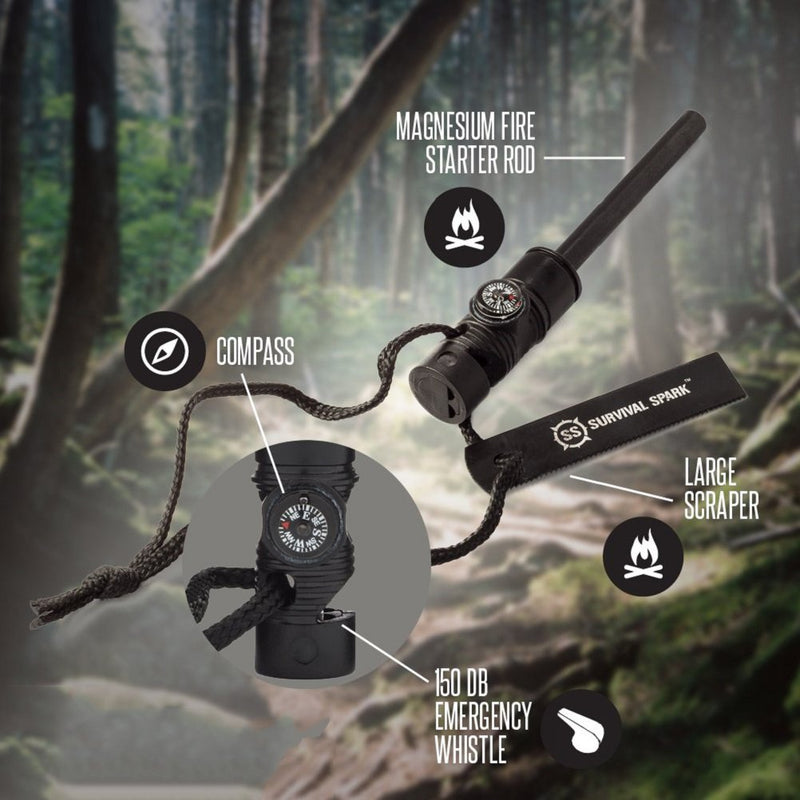 SURVIVAL SPARK Magnesium Survival Fire Starter with Compass and Whistle