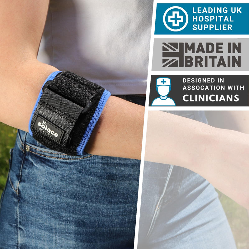 Solace Bracing Antibacterial Tennis Elbow Support (3 Colours) - British Made & NHS Supplied Tennis Elbow Brace w/Compression Strap - #1 for Tennis & Golfer's Elbow Tendonitis - Black/Blue Trim - S Small Black / Blue Trim - BeesActive Australia