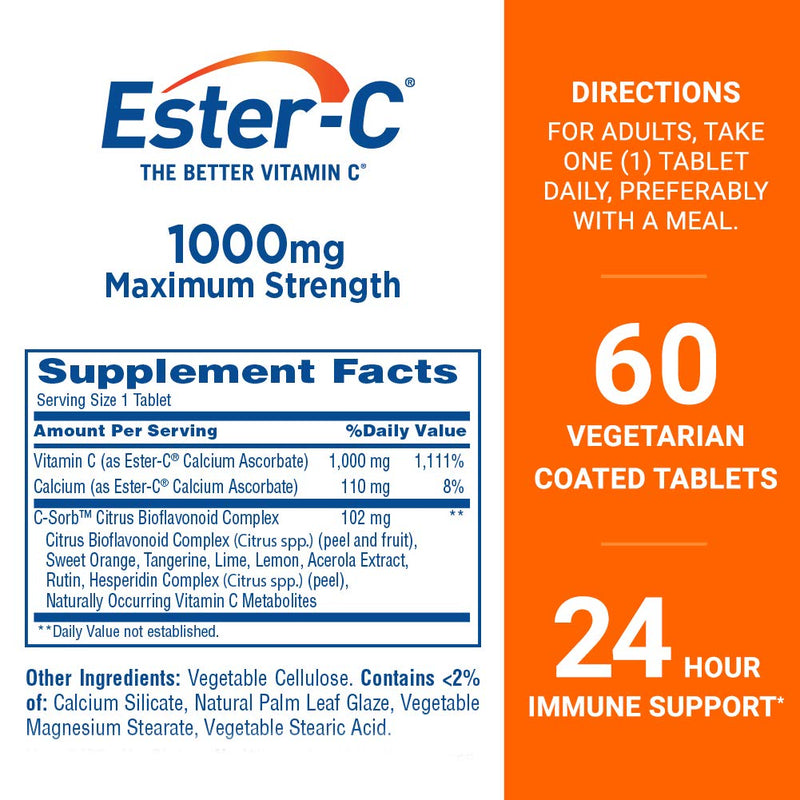 Ester-C® Vitamin C, 1,000 mg, 60 Coated Tablets 60 Count (Pack of 1) - BeesActive Australia
