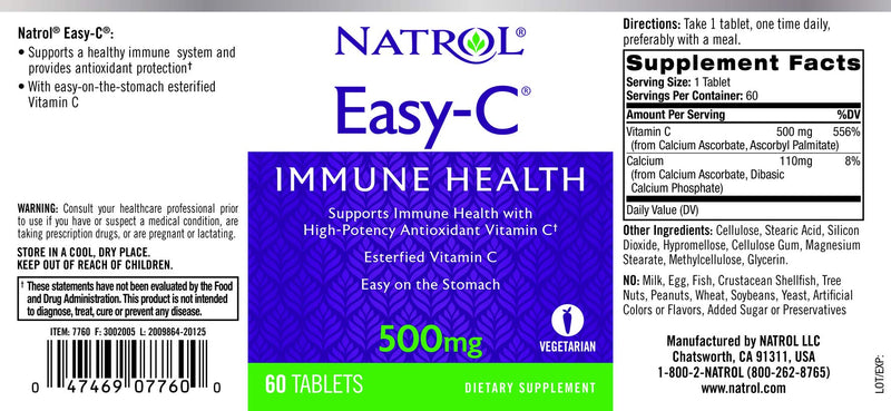 Natrol Easy-c Immune Health, High-Potency Antioxidant Vitamin C, 500 Mg Tablets, 60 Count 60 Count (Pack of 1) - BeesActive Australia