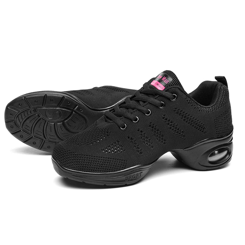 Women's Jazz Shoes Lace-up Sneakers - Breathable Air Cushion Lady Split Sole Athletic Walking Dance Shoes Platform 5 A Black - BeesActive Australia