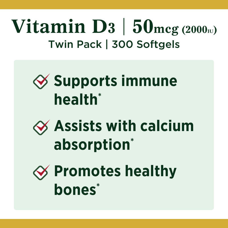 Vitamin D3 by Nature's Bounty, Vitamin Supplement, Supports Immune System and Bone Health, 50mcg, 2000IU,150 Count (Pack of 2) - BeesActive Australia