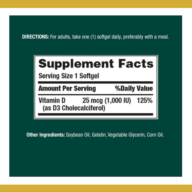 Nature's Bounty Vitamin D3 1000 IU Softgels, 350 Count - BeesActive Australia