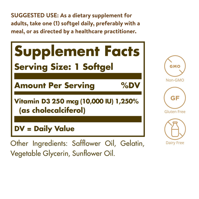 Solgar Vitamin D3 (Cholecalciferol) 250 MCG (10,000 IU), 120 Softgels - Helps Maintain Healthy Bones & Teeth - Immune System Support - Non GMO, Gluten Free, Dairy Free - 120 Servings - BeesActive Australia