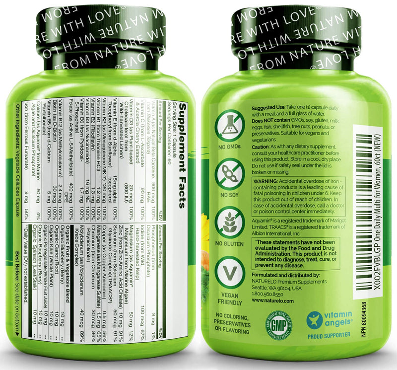 NATURELO One Daily Multivitamin for Women - Energy Support - Whole Food Supplement to Nourish Hair, Skin, Nails - Non-GMO - No Soy - Gluten Free - 60 Capsules | 2 Month Supply 60 Count (Pack of 1) - BeesActive Australia