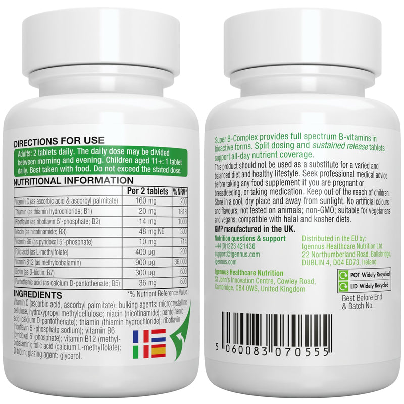 Super B-Complex - High Absorption Methylated B Vitamins, Clean Label, Sustained Release - Complete Spectrum of B Vitamins with Folate, Boosted B12 & Vitamin C, 60 Tablets, by Igennus 60 count (Pack of 1) - BeesActive Australia