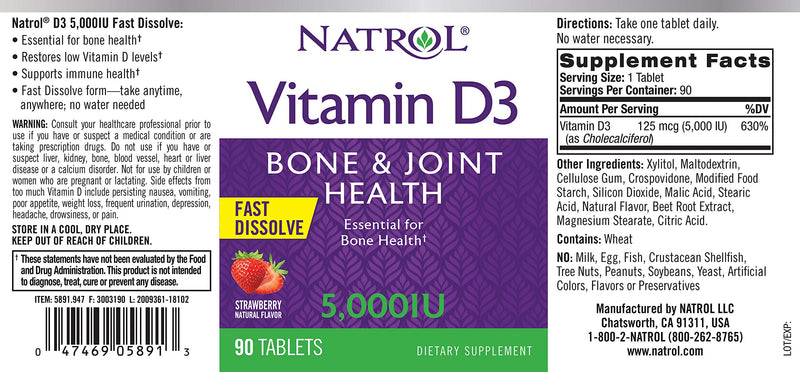 Natrol Vitamin D3 Fast Dissolve 5000 IU Capsules, Support Your Immune Health, Strawberry, 90 Count 5,000 IU - BeesActive Australia