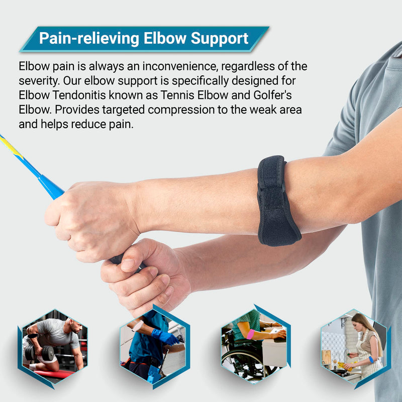 360 RELIEF Tennis & Golfers Elbow Support Brace - Padded Adjustable Strap for Men & Women | Pain Relief Injury Tendonitis Arthritis Basketball Weightlifting | Single Black with Mesh Laundry Bag | One Size - BeesActive Australia