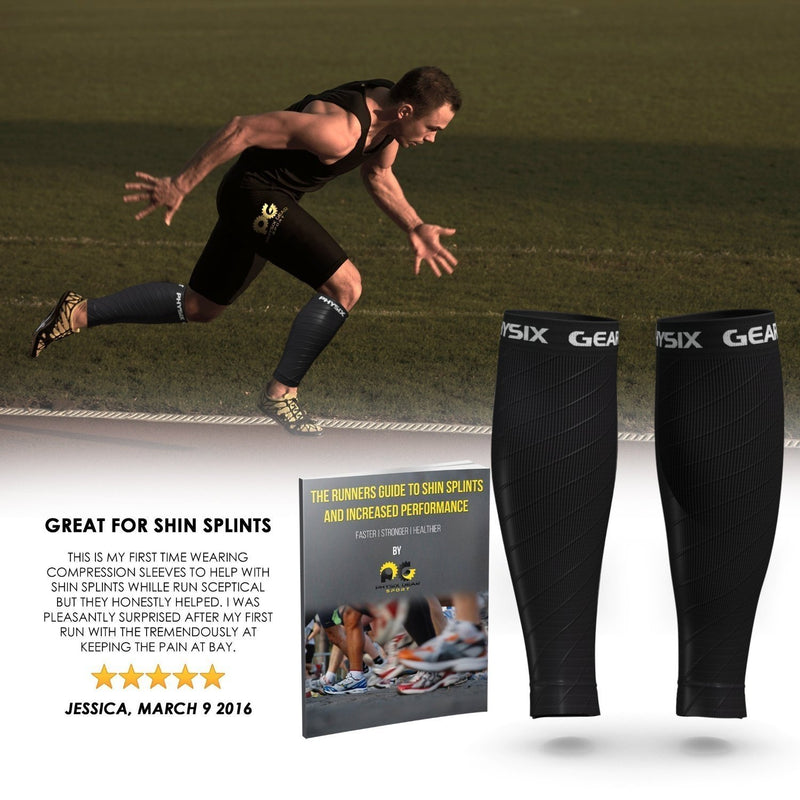 Physix Gear Sport Compression Calf Sleeves for Men & Women (20-30mmhg) - Best Footless Compression Socks for Shin Splints, Running, Leg Pain, Nurses & Maternity Pregnancy - Increase Blood Circulation S/M - M/L | 12" - 16" Calf Black (1 Pair) - BeesActive Australia