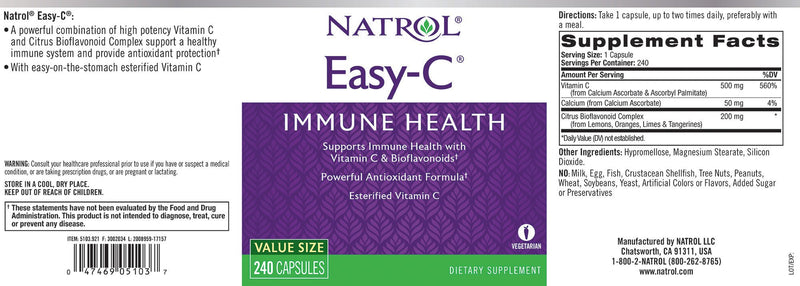 Natrol Easy-C Immune Health, Supports Immune Health with Vitamin C and Bioflavonoids, Bios Vegi Capsules, 500 mg, 240 Count 240 Count (Pack of 1) - BeesActive Australia