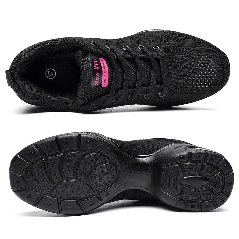 Women's Jazz Shoes Lace-up Sneakers - Breathable Air Cushion Lady Split Sole Athletic Walking Dance Shoes Platform 5 A Black - BeesActive Australia