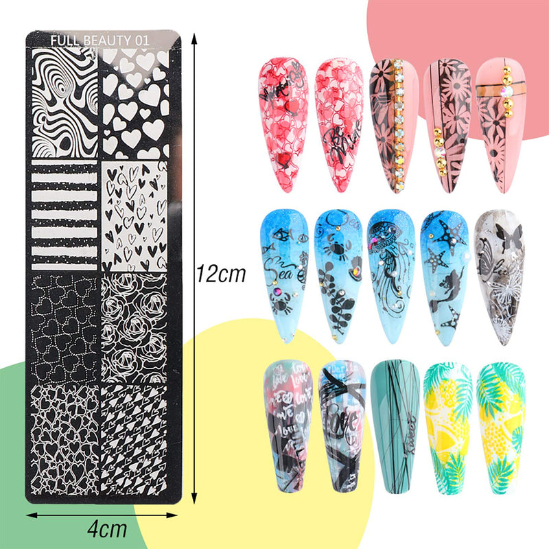 Nail Stamping Plate Set 5sheet Nail Printing Plate + 1 Stamp + 1 Scraper Heart Rose Leaf Flower Undersea Animal Template Pattern Manicure Tool Diy Design Decorative Nail Art - BeesActive Australia