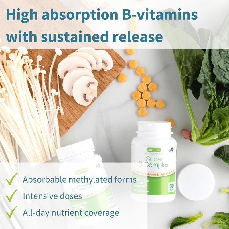 Super B-Complex - High Absorption Methylated B Vitamins, Clean Label, Sustained Release - Complete Spectrum of B Vitamins with Folate, Boosted B12 & Vitamin C, 60 Tablets, by Igennus 60 count (Pack of 1) - BeesActive Australia