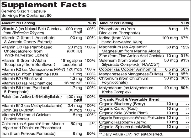 NATURELO One Daily Multivitamin for Women - Energy Support - Whole Food Supplement to Nourish Hair, Skin, Nails - Non-GMO - No Soy - Gluten Free - 60 Capsules | 2 Month Supply 60 Count (Pack of 1) - BeesActive Australia