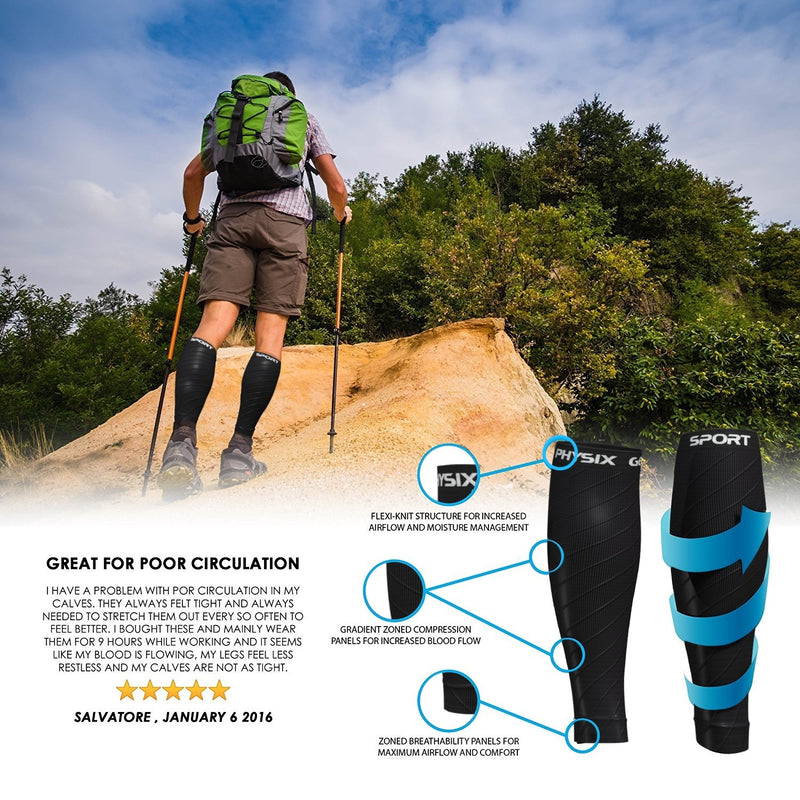 Physix Gear Sport Compression Calf Sleeves for Men & Women (20-30mmhg) - Best Footless Compression Socks for Shin Splints, Running, Leg Pain, Nurses & Maternity Pregnancy - Increase Blood Circulation S/M - M/L | 12" - 16" Calf Black (1 Pair) - BeesActive Australia