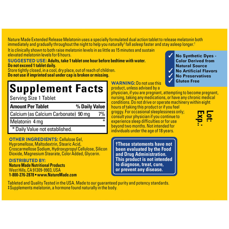 Nature Made Extended Release Melatonin 4mg Tablets, 90 Count to Naturally Help You Fall Asleep Faster and Stay Asleep Longer - BeesActive Australia