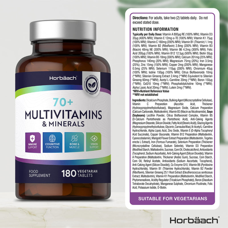 Mutivitamins and Minerals 70 Plus 180 Tablets Vegetarian and Wheat