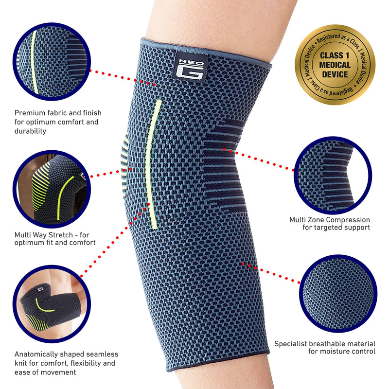 Neo G Elbow Support for Tennis, Golf, Sports, Tendonitis, Joint Pain Relief - Tennis Elbow Support - Golfers Elbow Brace Arm Support - Multi Zone Elbow Compression Sleeve - Breathable, Lightweight – M Medium: 24 – 27 CM/9.4 – 10.6 IN - BeesActive Australia