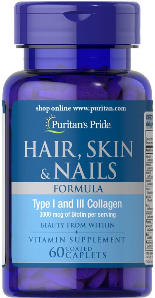 Puritan's Pride Hair Skin and Nails Biotin Formula Coated Caplets, 3000 Mcg, 60 Count - BeesActive Australia