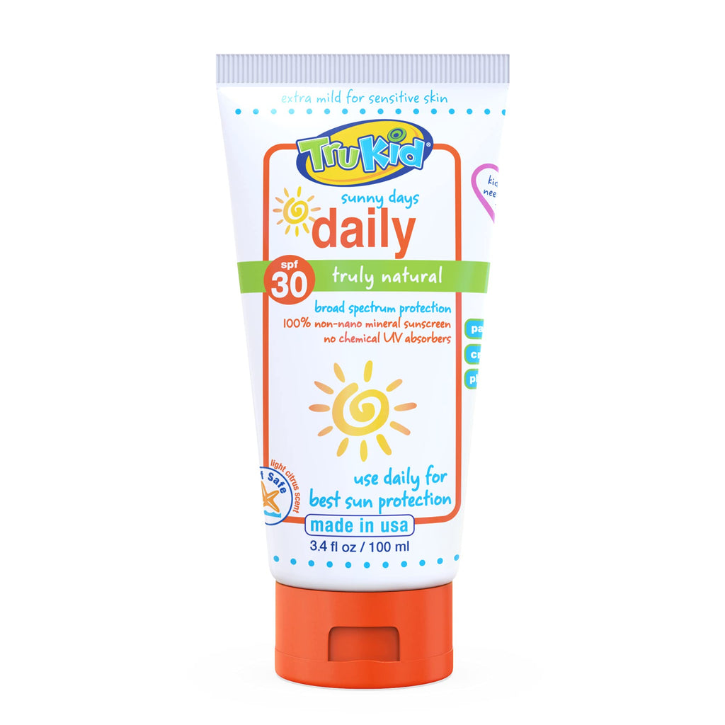 TruKid Sunny Days Daily SPF 30 UVA/UVB Protection Sunscreen for Baby, Mineral Based Sun Body and Face Cream for Sensitive Skin, Citrus Scent, All Natural Ingredients (3.4 fl oz) - BeesActive Australia