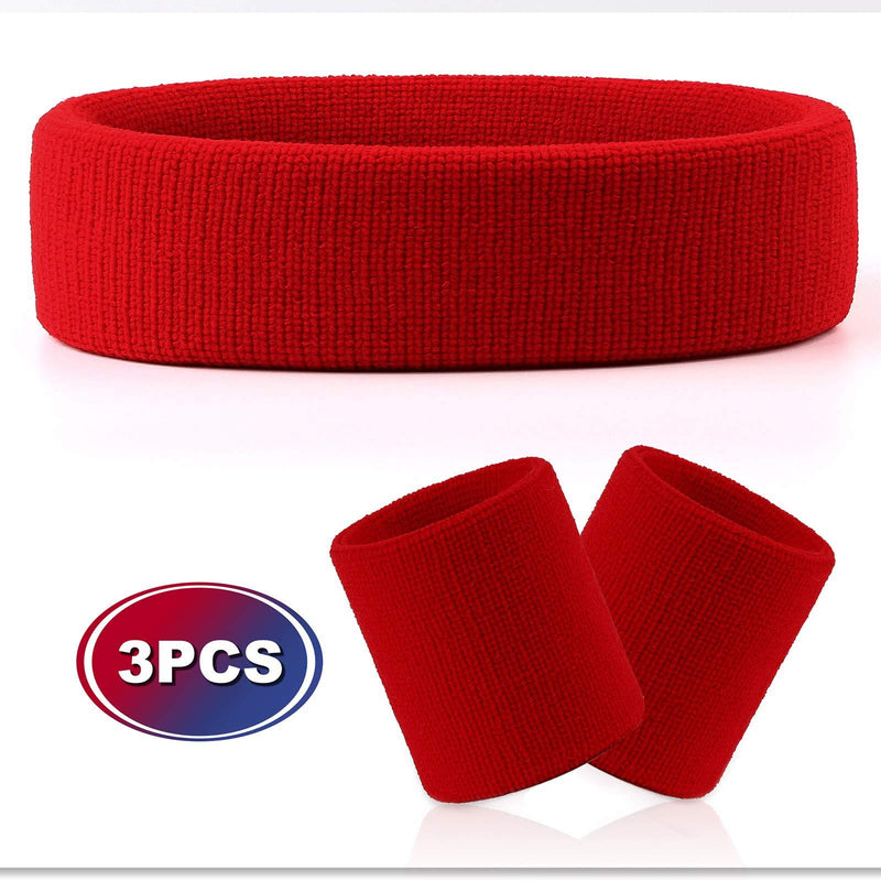 Hoter Sweatband Set Sports Headband Wristband Set Sweatbands Terry Cloth Wristband Athletic Exercise Basketball Wrist Sweatband and Headbands Moisture Wicking Sweat Absorbing Head Band Red One Size - BeesActive Australia
