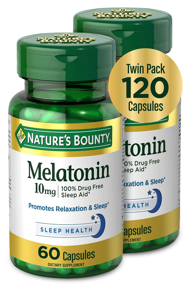 Melatonin by Nature's Bounty, 100% Drug Free Sleep Aid, Dietary Supplement, Promotes Relaxation and Sleep Health, 10mg, 60 Capsules (Pack of 2) 120 Count - BeesActive Australia