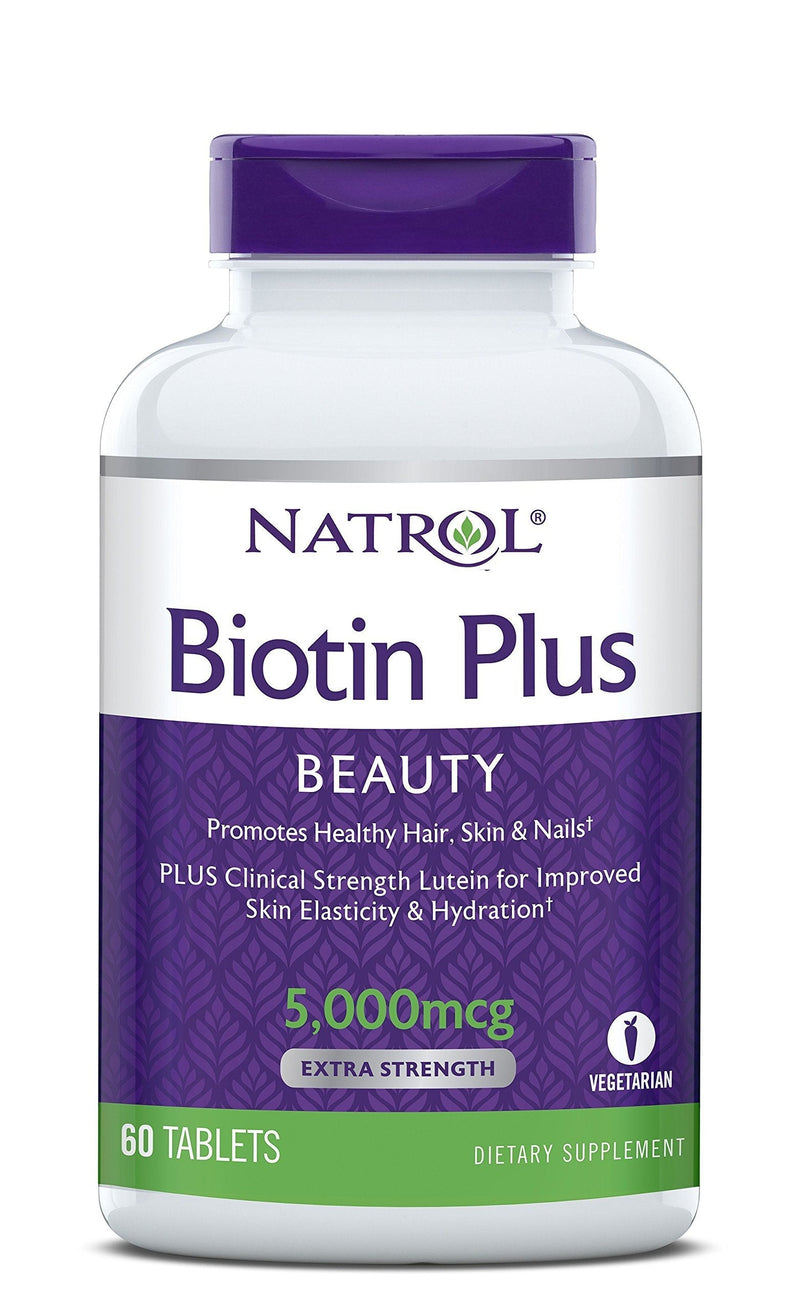 Natrol Biotin Beauty Plus Lutein Tablets, Promotes Healthy Hair, Skin and Nails, Improves Skin Elasticity and Hydration, Extra Strength 5,000mcg, 60 Count - BeesActive Australia