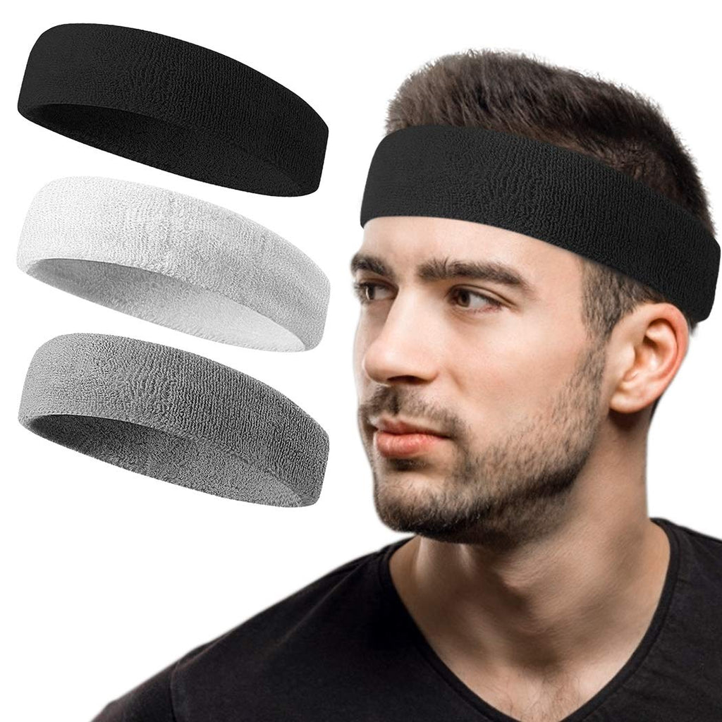 Tanluhu Sweatband Headband/Wristband Perfect for Basketball, Running, Football, Tennis Terry Cloth Athletic Sweatbands Fits for Men and Women A-3-Black+White+Gray - BeesActive Australia