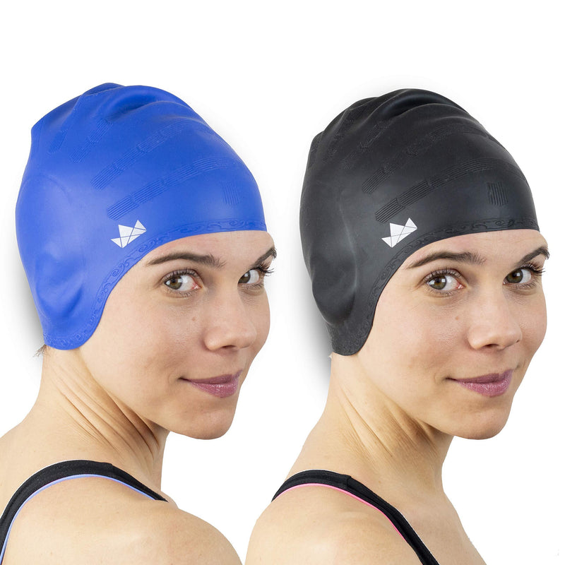 The Friendly Swede Silicone Long Hair Swim Caps - Durable Silicone Swimming Caps for Women and Swimmers (2 Pack) Blue + Black - BeesActive Australia