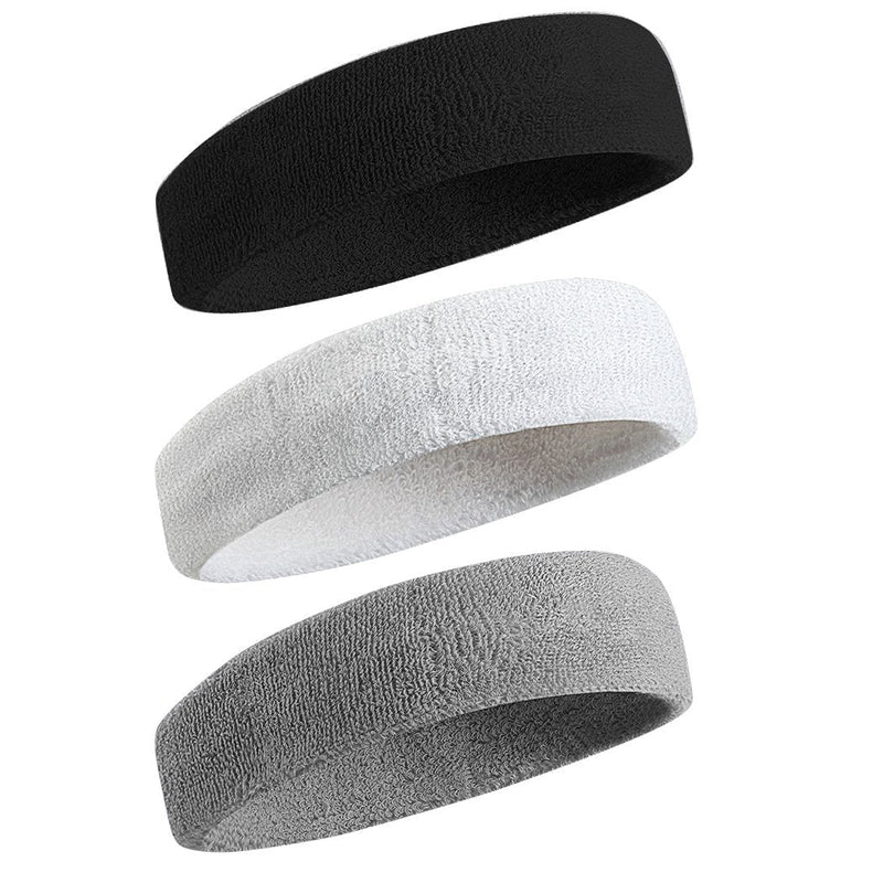 BEACE Sweatbands Sports Headband/Wristband for Men & Women - 3PCS / 6PCS Moisture Wicking Athletic Cotton Terry Cloth Sweatband for Tennis, Basketball, Running, Gym, Working Out 01-3PC-Black/White/Gray - BeesActive Australia