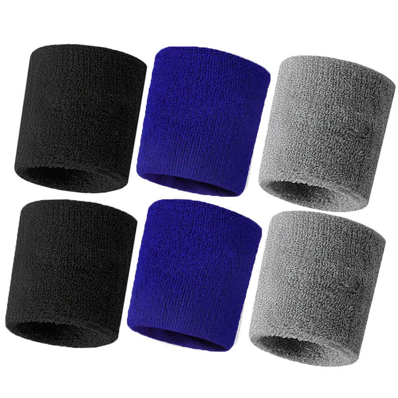 Hanerdun Wrist Sweatbands Thick Terry Cloth Wristbands for Men and Women Athletic Sweat Bands for Sports Tennis Gym Basketball 2Black/2Grey/2Blue(6 pieces) - BeesActive Australia