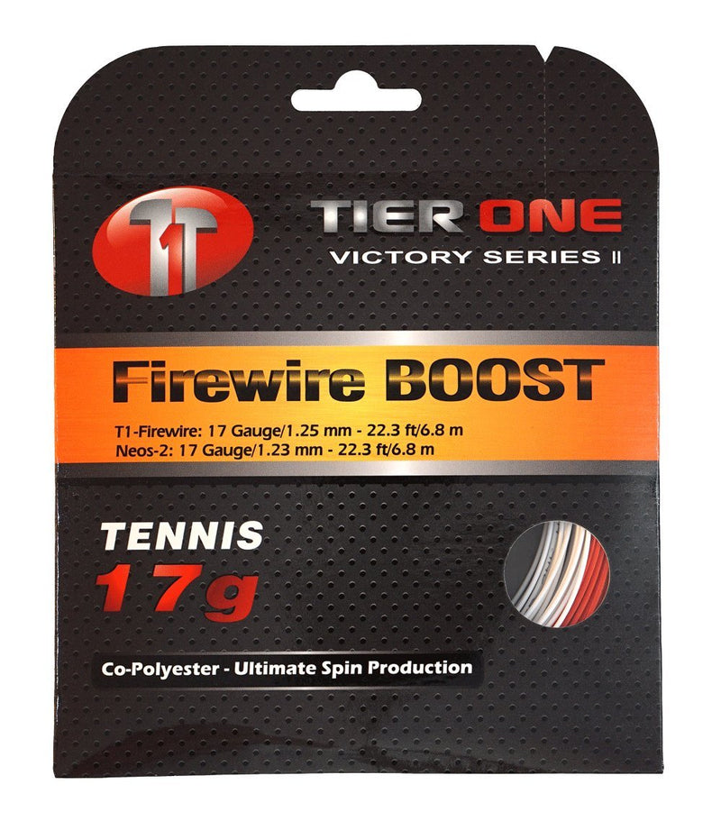 Tier One Sports Firewire Boost - A Hybrid Co-Poly/Co-Poly Tennis String for Ultimate Ball Bite Set - Red/White 16 gauge (2 x 6.8 m sets) - BeesActive Australia