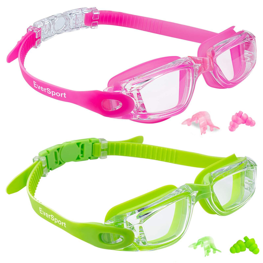 EverSport Kids Swim Goggles, Pack of 2 Kids Swimming Goggles, Crystal Clear Swimming Goggles for Children and Teens, Anti-Fog Anti-UV Youth Swim Glasses, Leak Proof, Soft Silicone Frame, for 4-16 Y/O Green & Rose Red - BeesActive Australia